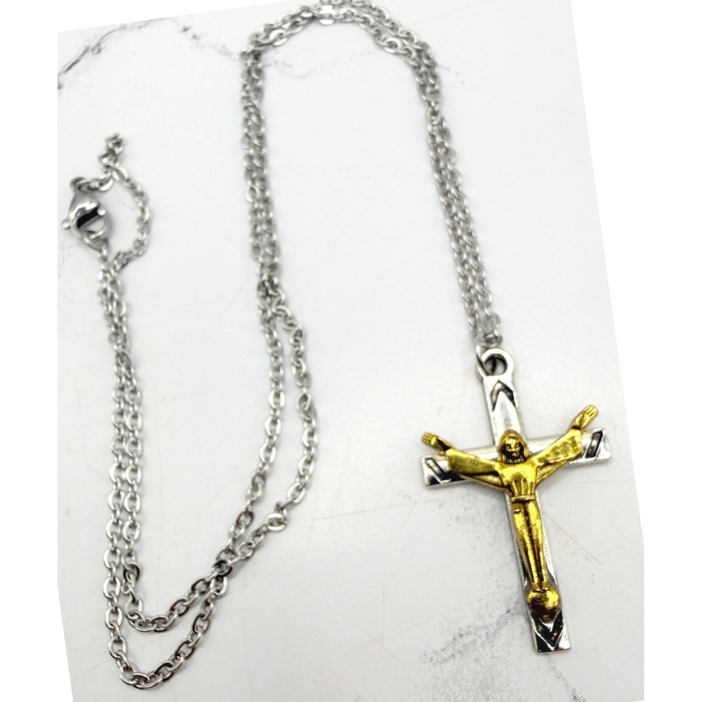 Two Tone Crucifix Necklace Gold‎ Silver Cross Pendant 20" Chain